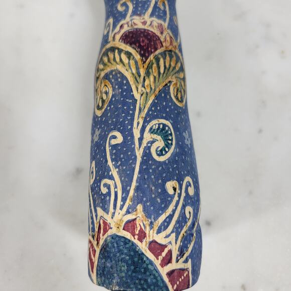 VTG Wooden Cat Shelf Sitter 6" Blue Hand Made Carved Painted Paisley Floral - Picture 16 of 16